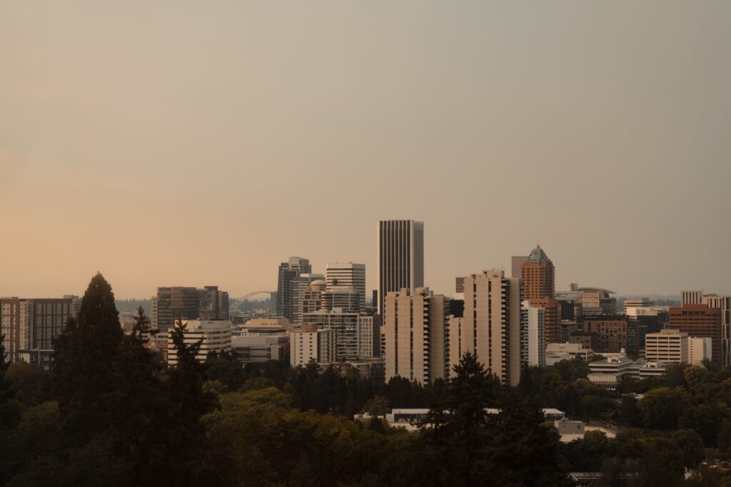 Captivating Portland skyline framed by trees at sunset, highlighting urban architecture.